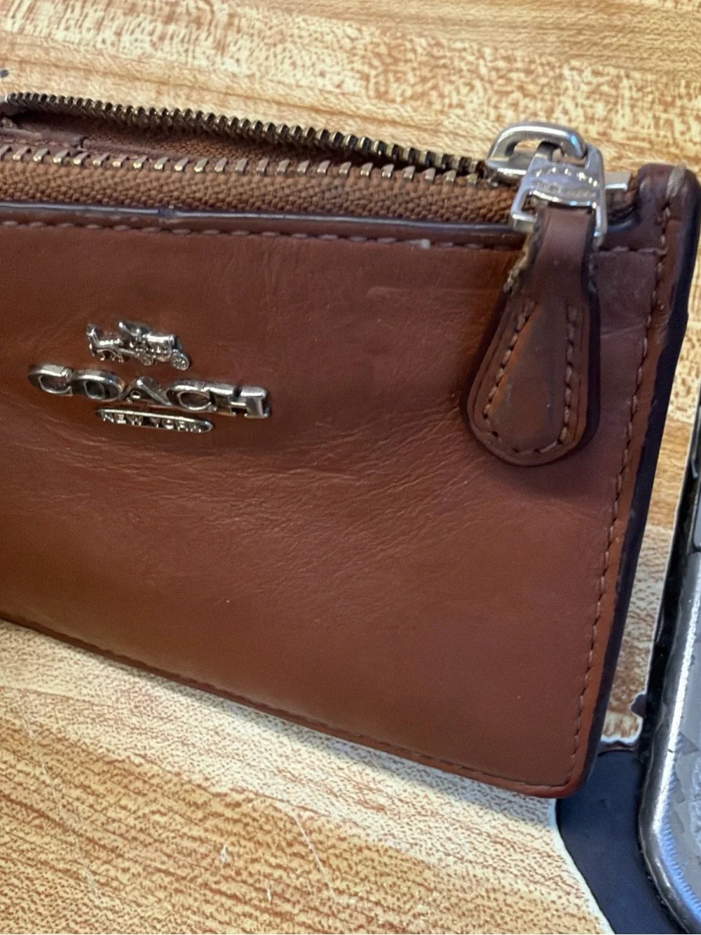Coach Brown Leather Zip Card Case with Silver Logo